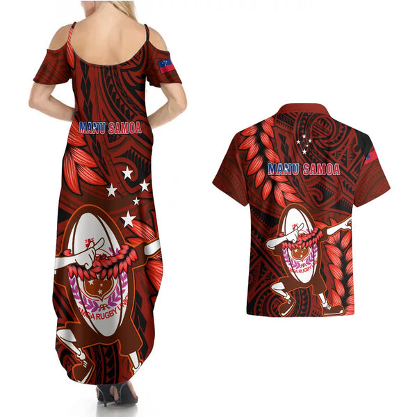 Samoa Rugby Family Matching Off Shoulder Long Sleeve Dress and Hawaiian Shirt Manu Samoa Ula Fala Dabbing Ball Polynesian Turquoise Version LT14 main image 0