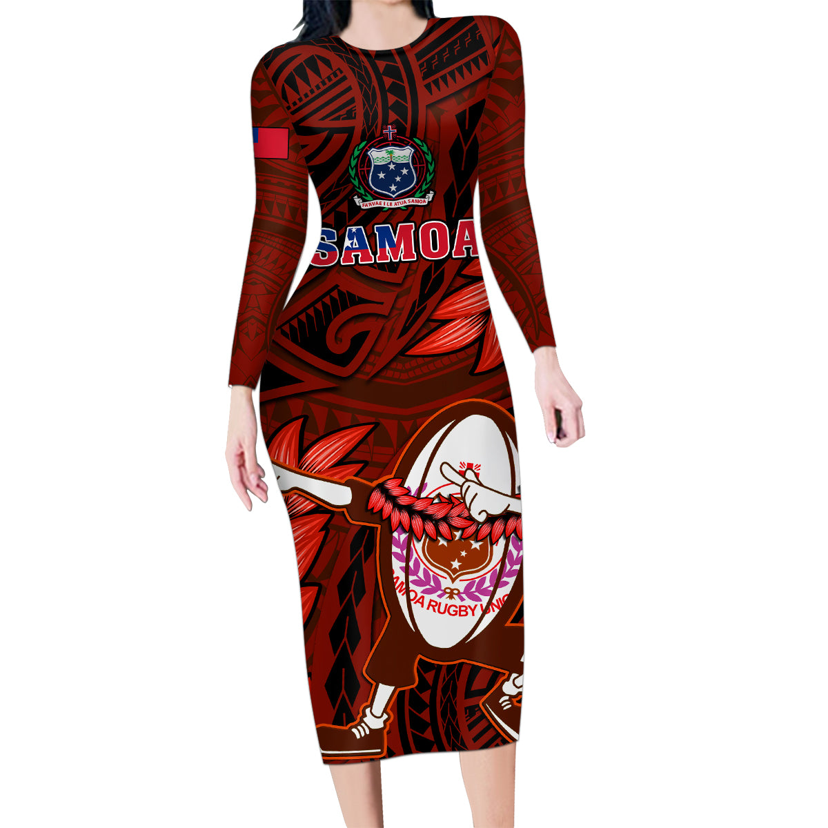 Samoa Rugby Family Matching Long Sleeve Bodycon Dress and Hawaiian Shirt Manu Samoa Ula Fala Dabbing Ball Polynesian Red Version LT14 - Polynesian Pride