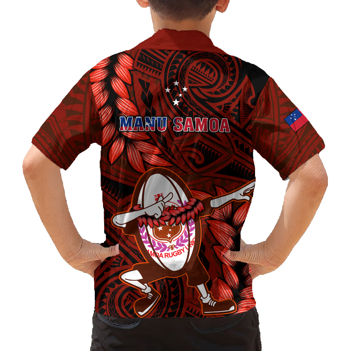 Samoa Rugby Family Matching Puletasi Dress and Hawaiian Shirt Manu Samoa Ula Fala Dabbing Ball Polynesian Red Version LT14 - Polynesian Pride