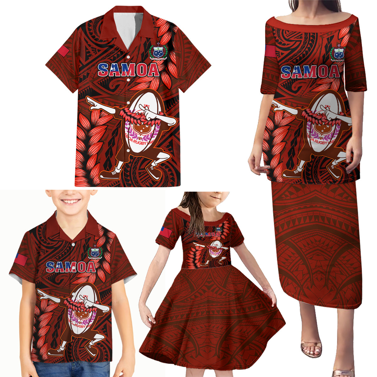 Samoa Rugby Family Matching Puletasi Dress and Hawaiian Shirt Manu Samoa Ula Fala Dabbing Ball Polynesian Red Version LT14 Red - Polynesian Pride