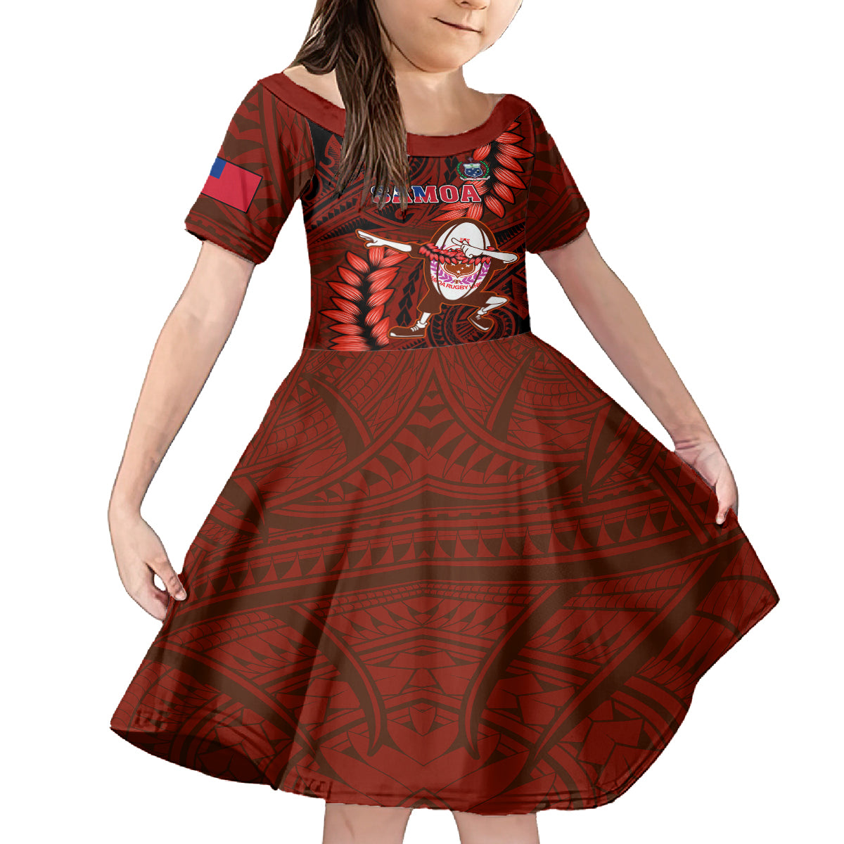 Samoa Rugby Kid Short Sleeve Dress Manu Samoa Ula Fala Dabbing Ball Polynesian Red Version LT14 KID Red - Polynesian Pride