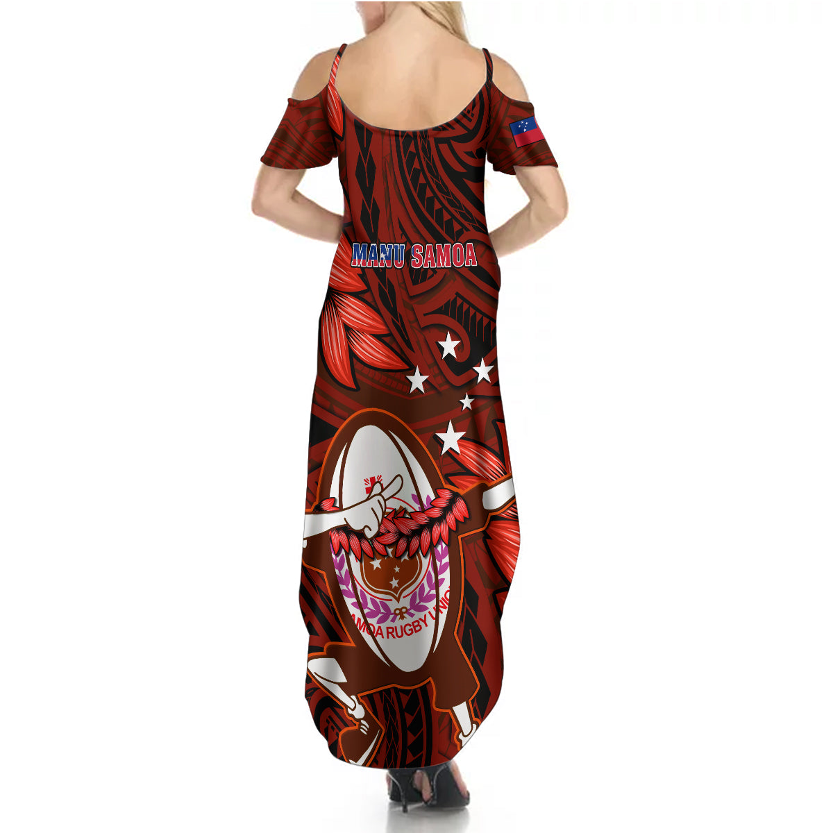 Samoa Rugby Summer Maxi Dress Manu Samoa Ula Fala Dabbing Ball Polynesian Red Version LT14 - Polynesian Pride