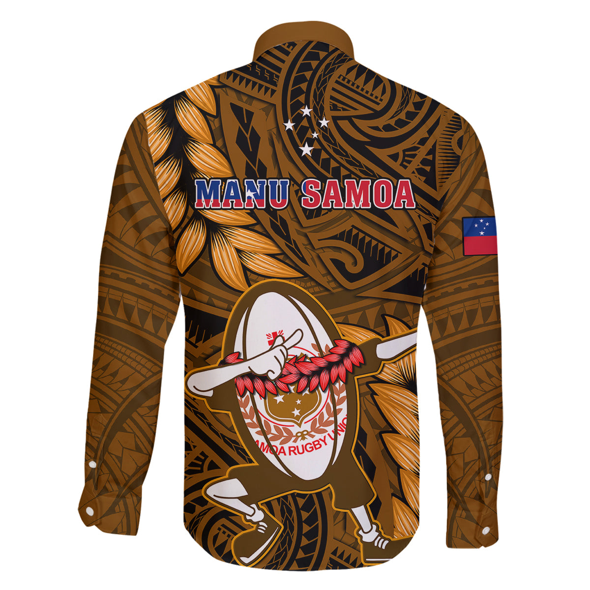 Samoa Rugby Family Matching Long Sleeve Bodycon Dress and Hawaiian Shirt Manu Samoa Ula Fala Dabbing Ball Polynesian Gold Version LT14 - Polynesian Pride