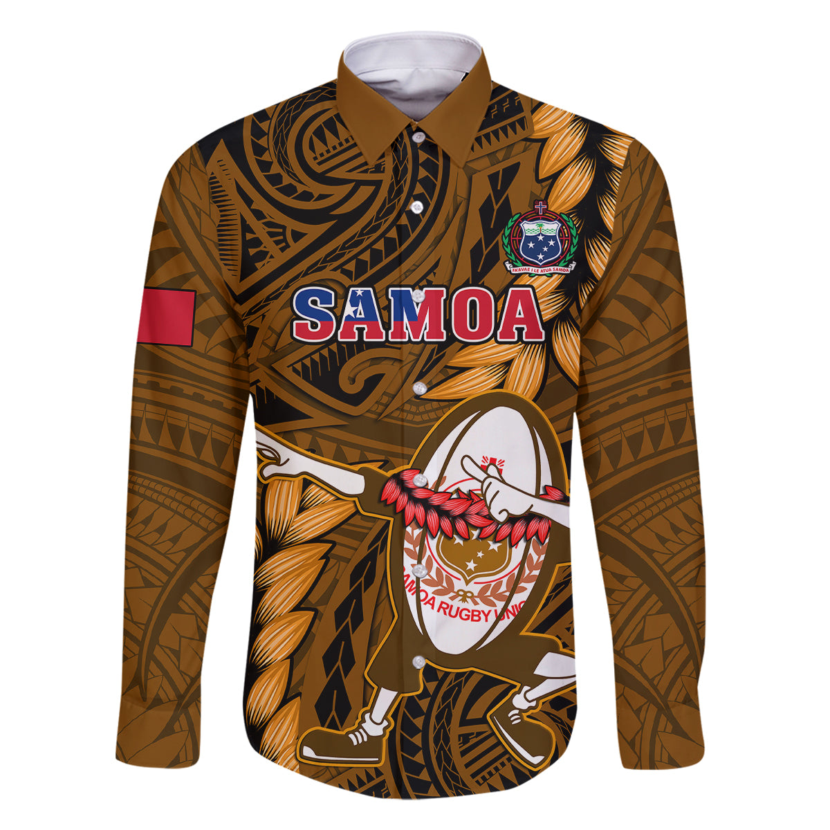 Samoa Rugby Family Matching Mermaid Dress and Hawaiian Shirt Manu Samoa Ula Fala Dabbing Ball Polynesian Gold Version LT14 - Polynesian Pride