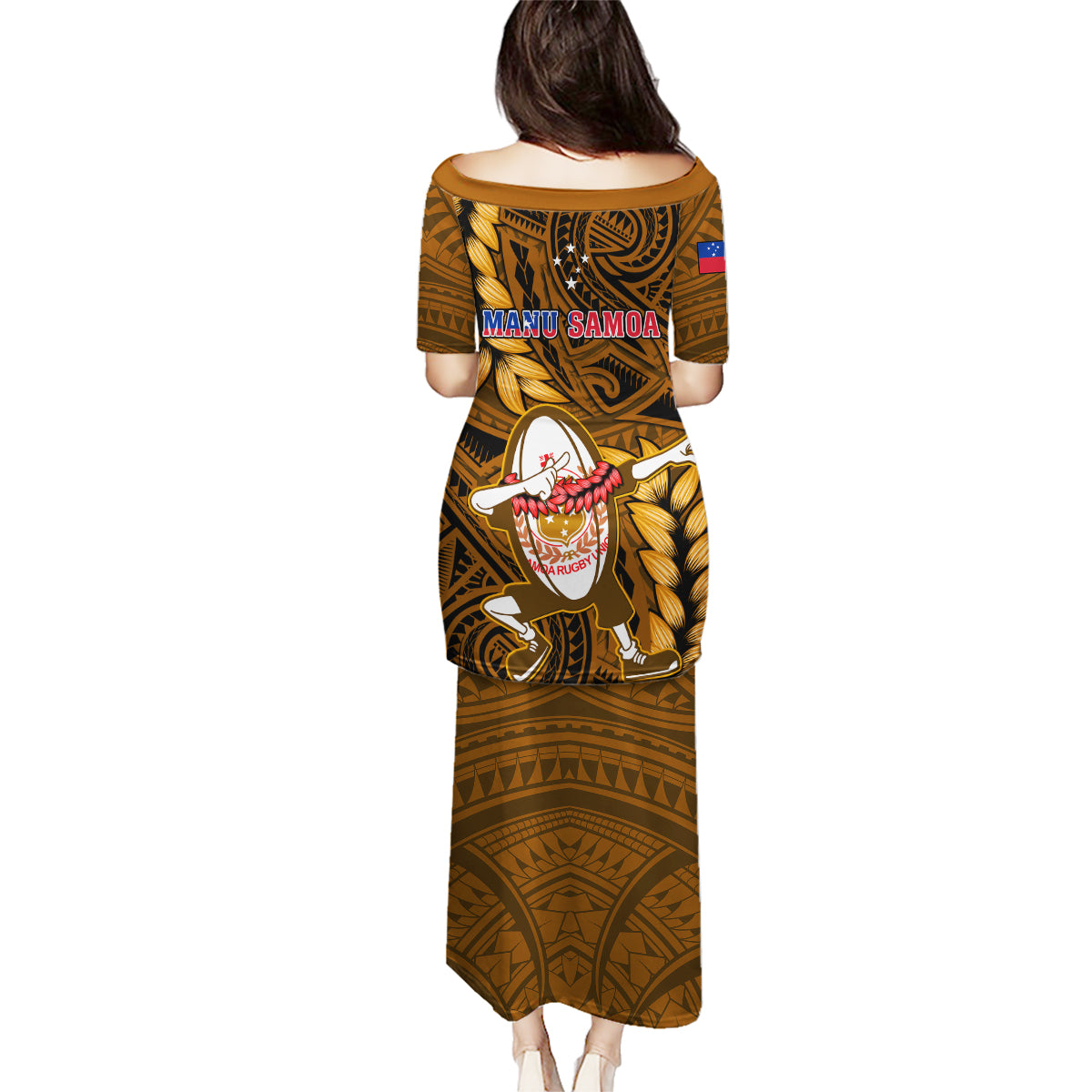Samoa Rugby Family Matching Puletasi Dress and Hawaiian Shirt Manu Samoa Ula Fala Dabbing Ball Polynesian Gold Version LT14 - Polynesian Pride