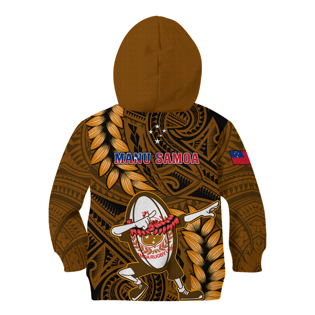 Samoa Rugby Kid Hoodie Manu Samoa Ula Fala Dabbing Ball Polynesian Gold Version LT14 - Polynesian Pride