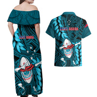 Samoa Rugby Couples Matching Off Shoulder Maxi Dress and Hawaiian Shirt Manu Samoa Ula Fala Dabbing Ball Polynesian Turquoise Version LT14 - Polynesian Pride