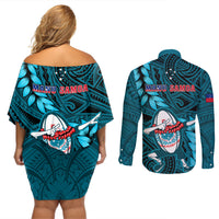 Samoa Rugby Couples Matching Off Shoulder Short Dress and Long Sleeve Button Shirts Manu Samoa Ula Fala Dabbing Ball Polynesian Turquoise Version LT14 - Polynesian Pride