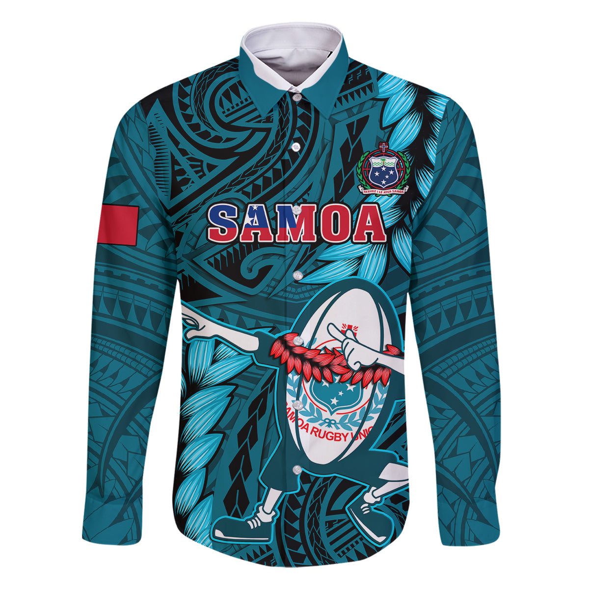 Samoa Rugby Family Matching Off Shoulder Short Dress and Hawaiian Shirt Manu Samoa Ula Fala Dabbing Ball Polynesian Turquoise Version LT14 - Polynesian Pride