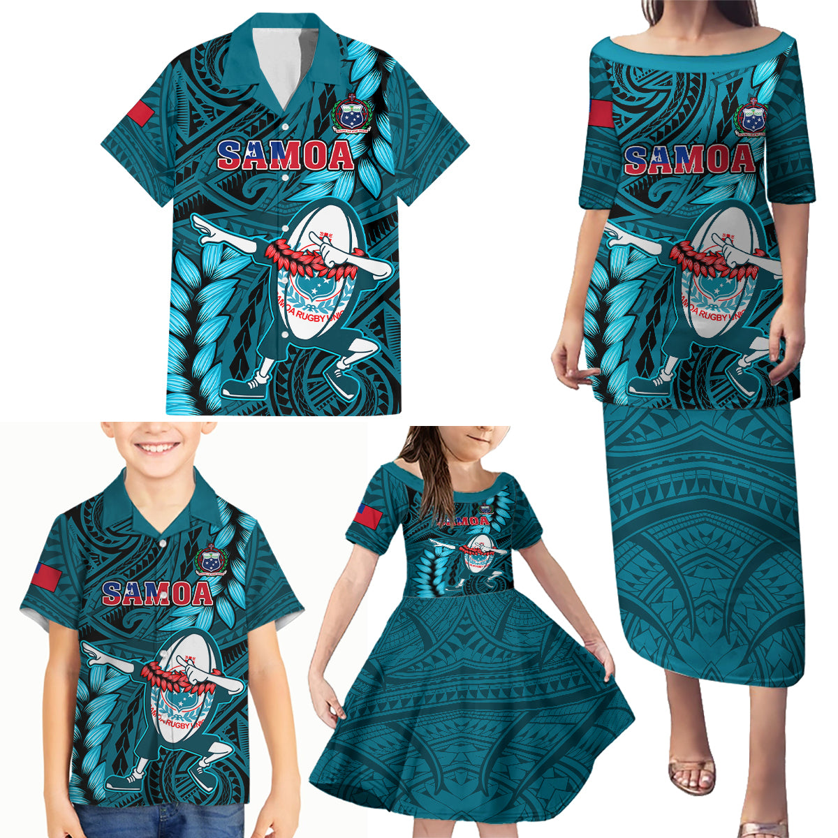 Samoa Rugby Family Matching Puletasi Dress and Hawaiian Shirt Manu Samoa Ula Fala Dabbing Ball Polynesian Turquoise Version LT14 Turquoise - Polynesian Pride