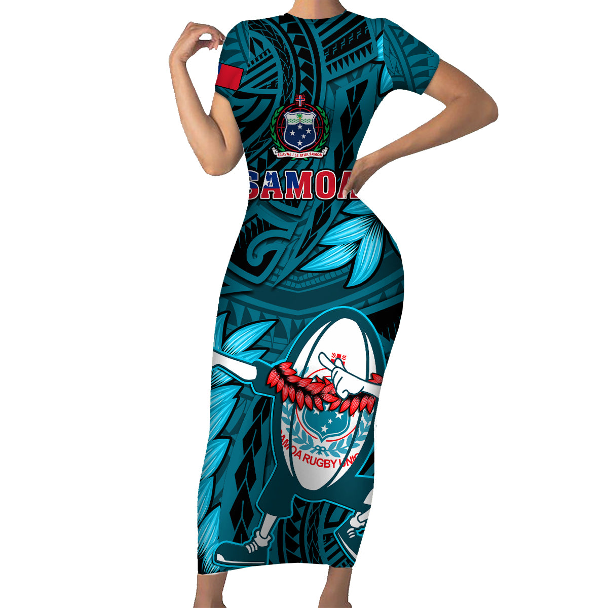 Samoa Rugby Family Matching Short Sleeve Bodycon Dress and Hawaiian Shirt Manu Samoa Ula Fala Dabbing Ball Polynesian Turquoise Version LT14 - Polynesian Pride