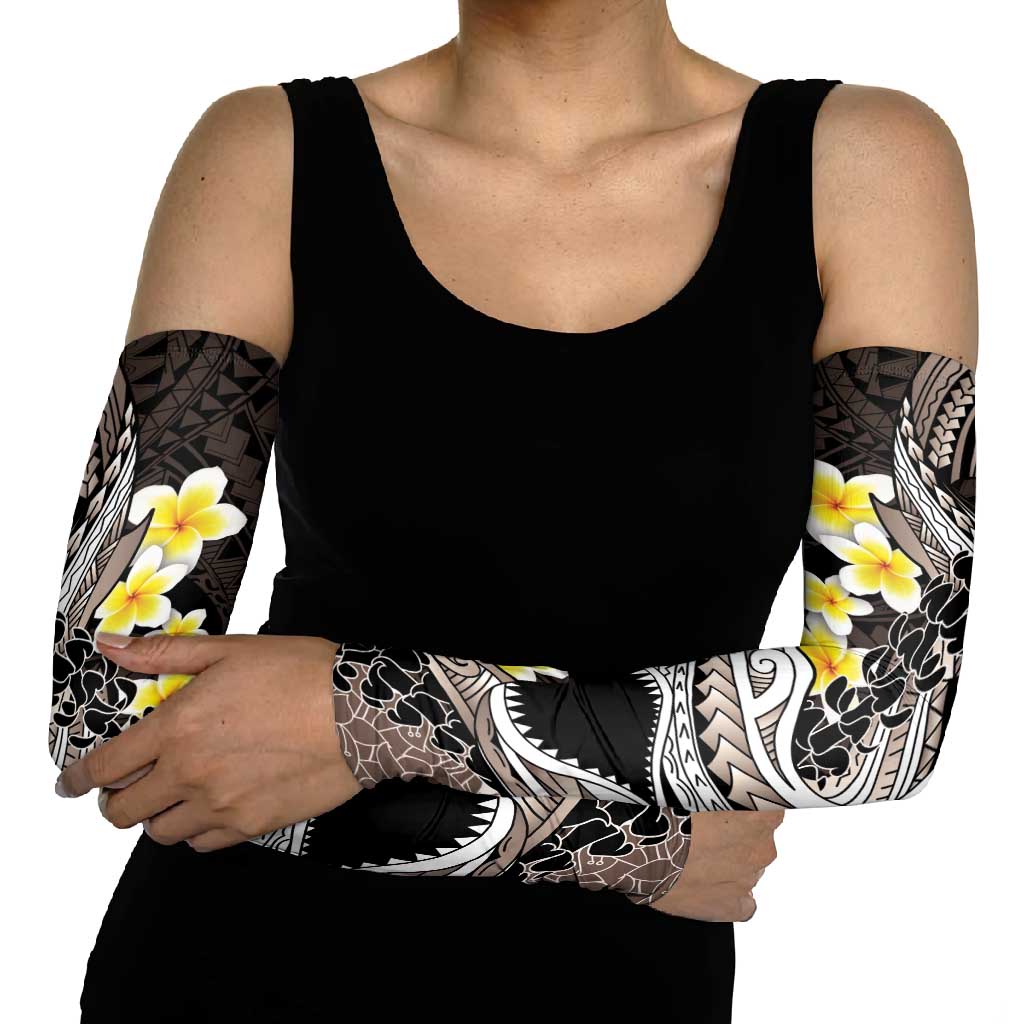 Brown and Black Hawaii Shark Tattoo Arm Sleeves Puakenikeni Lei Plumeria Polynesian Pattern - Polynesian Pride