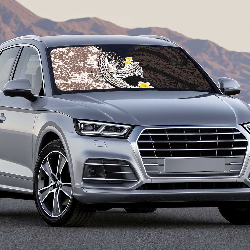 Brown and Black Hawaii Shark Tattoo Auto Sun Shade Puakenikeni Lei Plumeria Polynesian Pattern - Polynesian Pride