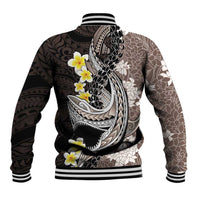 Brown and Black Hawaii Shark Tattoo Baseball Jacket Puakenikeni Lei Plumeria Polynesian Pattern - Polynesian Pride
