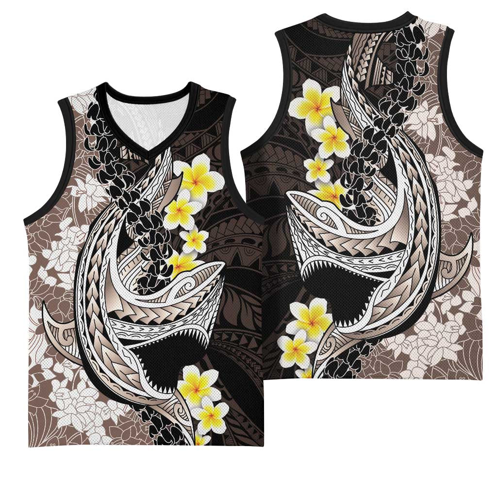 Brown and Black Hawaii Shark Tattoo Basketball Jersey Puakenikeni Lei Plumeria Polynesian Pattern - Polynesian Pride