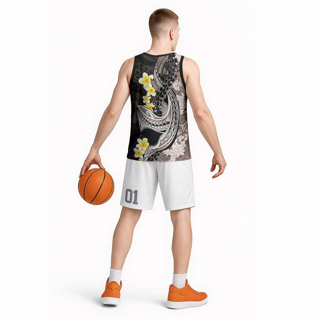 Brown and Black Hawaii Shark Tattoo Basketball Jersey Puakenikeni Lei Plumeria Polynesian Pattern - Polynesian Pride
