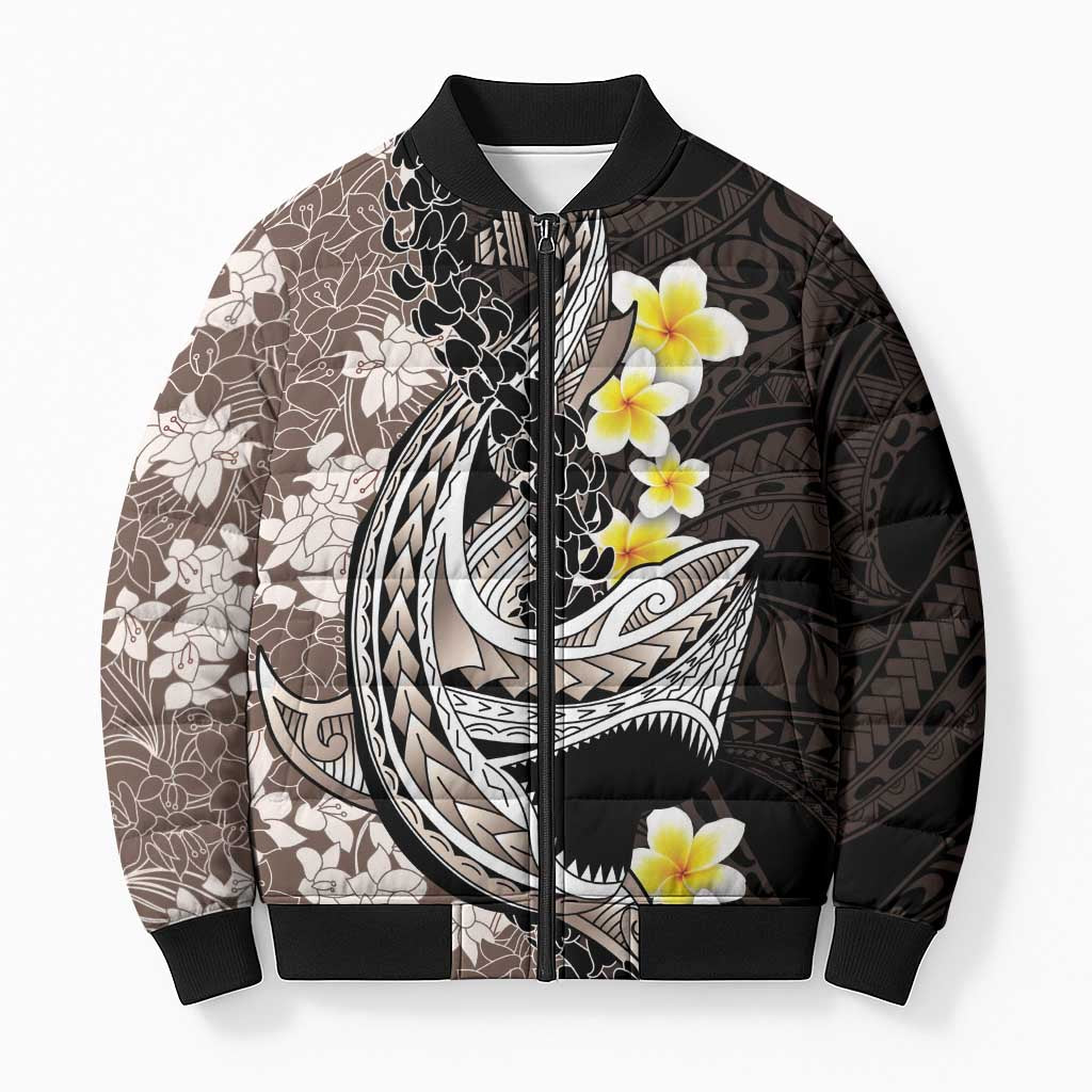 Brown and Black Hawaii Shark Tattoo Bomber Puffer Jacket Puakenikeni Lei Plumeria Polynesian Pattern - Polynesian Pride