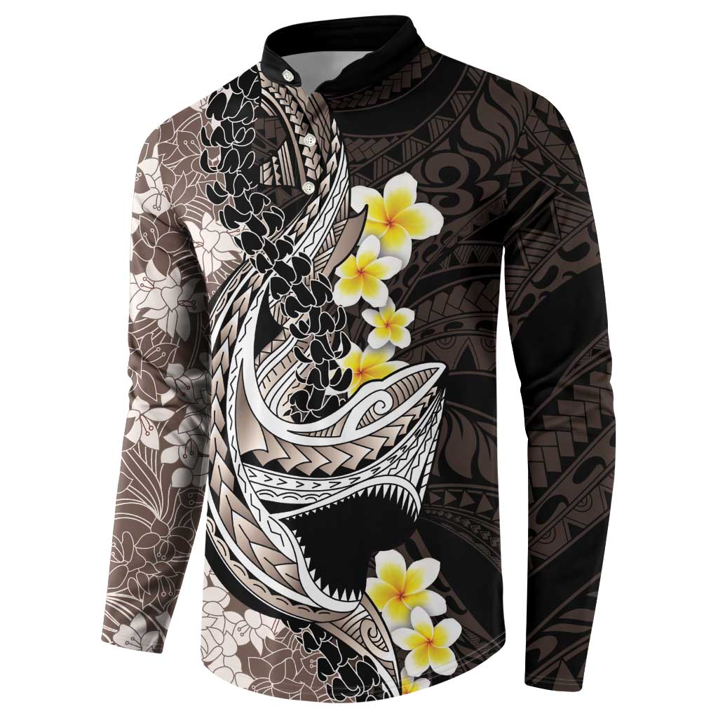 Brown and Black Hawaii Shark Tattoo Button Sweatshirt Puakenikeni Lei Plumeria Polynesian Pattern - Polynesian Pride