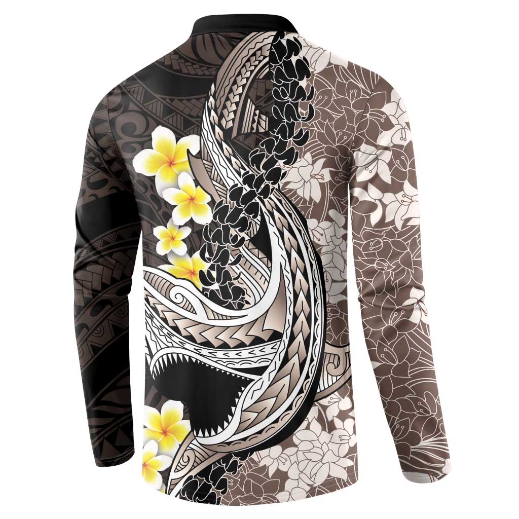 Brown and Black Hawaii Shark Tattoo Button Sweatshirt Puakenikeni Lei Plumeria Polynesian Pattern - Polynesian Pride