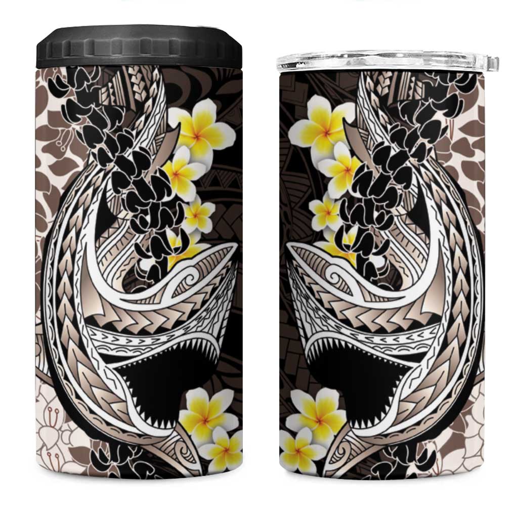 Brown and Black Hawaii Shark Tattoo 4 in 1 Can Cooler Tumbler Puakenikeni Lei Plumeria Polynesian Pattern - Polynesian Pride