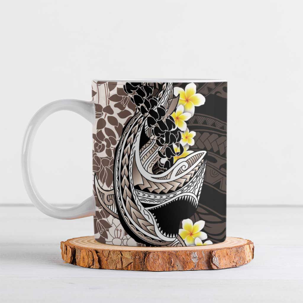 Brown and Black Hawaii Shark Tattoo Ceramic Mug Puakenikeni Lei Plumeria Polynesian Pattern - Polynesian Pride