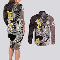 Brown and Black Hawaii Shark Tattoo Couples Matching Long Sleeve Bodycon Dress and Long Sleeve Button Shirt Puakenikeni Lei Plumeria Polynesian Pattern - Polynesian Pride