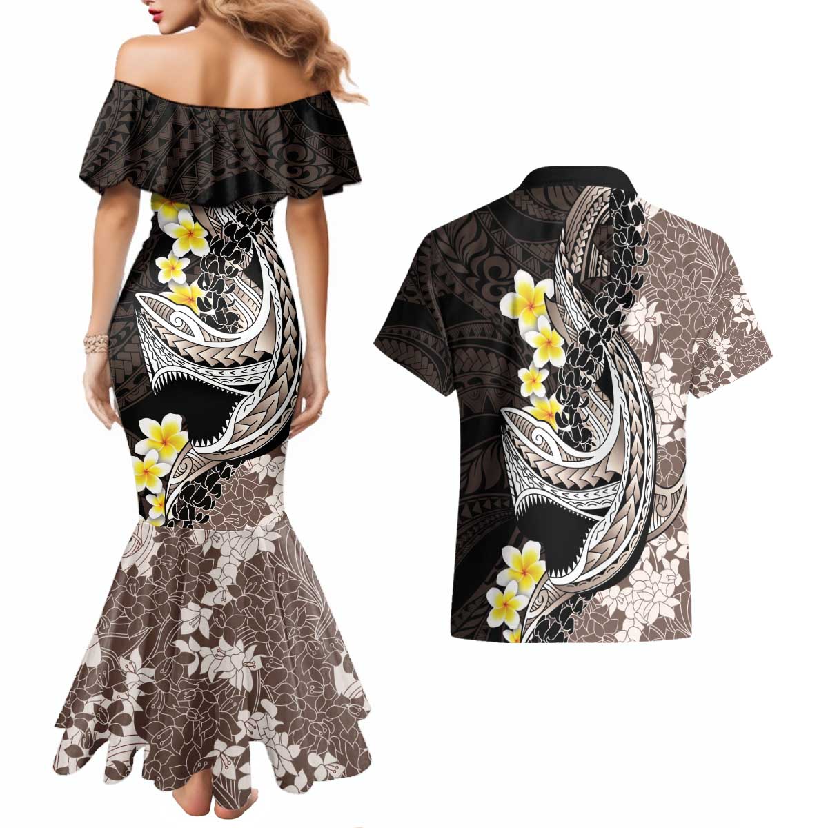 Brown and Black Hawaii Shark Tattoo Couples Matching Mermaid Dress and Hawaiian Shirt Puakenikeni Lei Plumeria Polynesian Pattern - Polynesian Pride