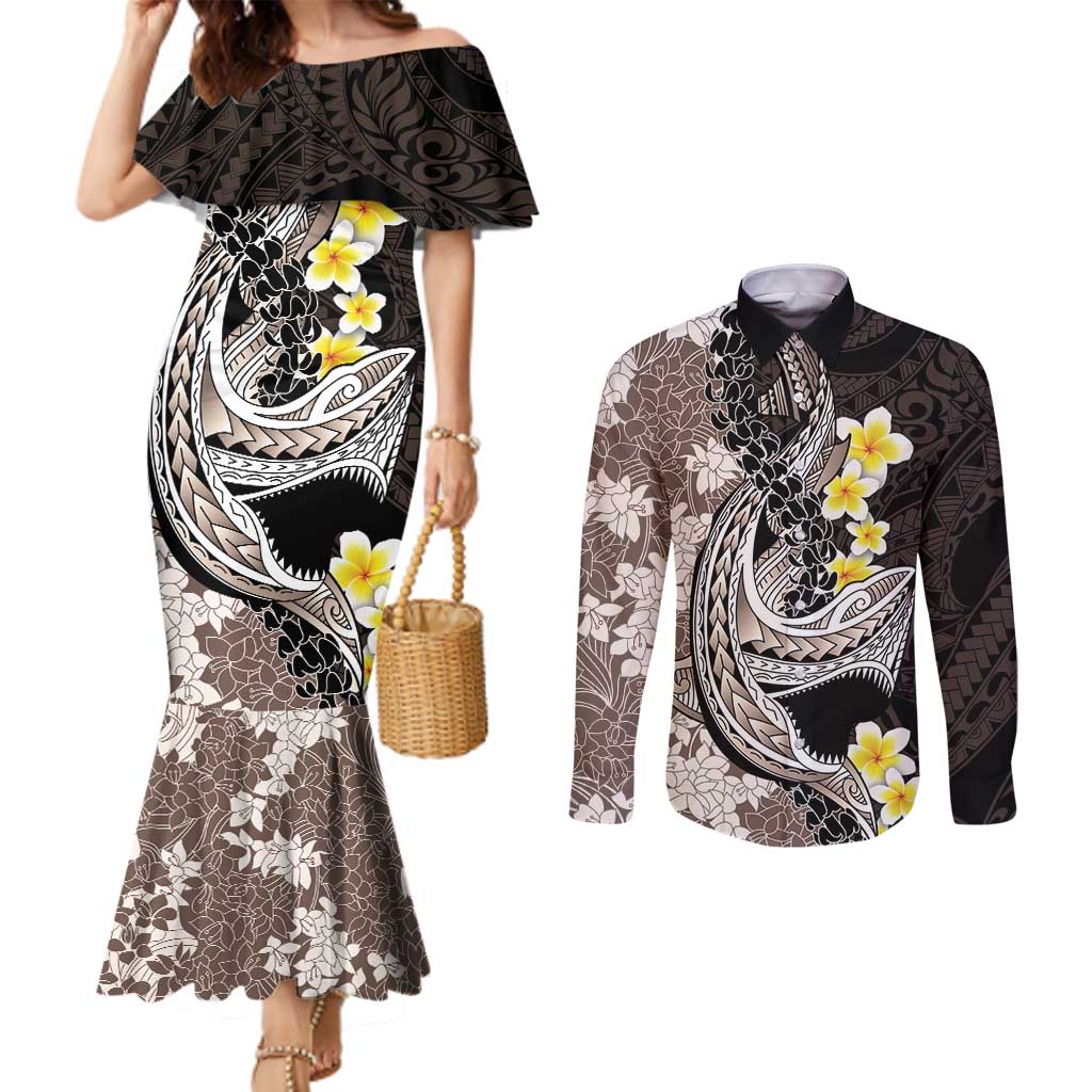 Brown and Black Hawaii Shark Tattoo Couples Matching Mermaid Dress and Long Sleeve Button Shirt Puakenikeni Lei Plumeria Polynesian Pattern - Polynesian Pride