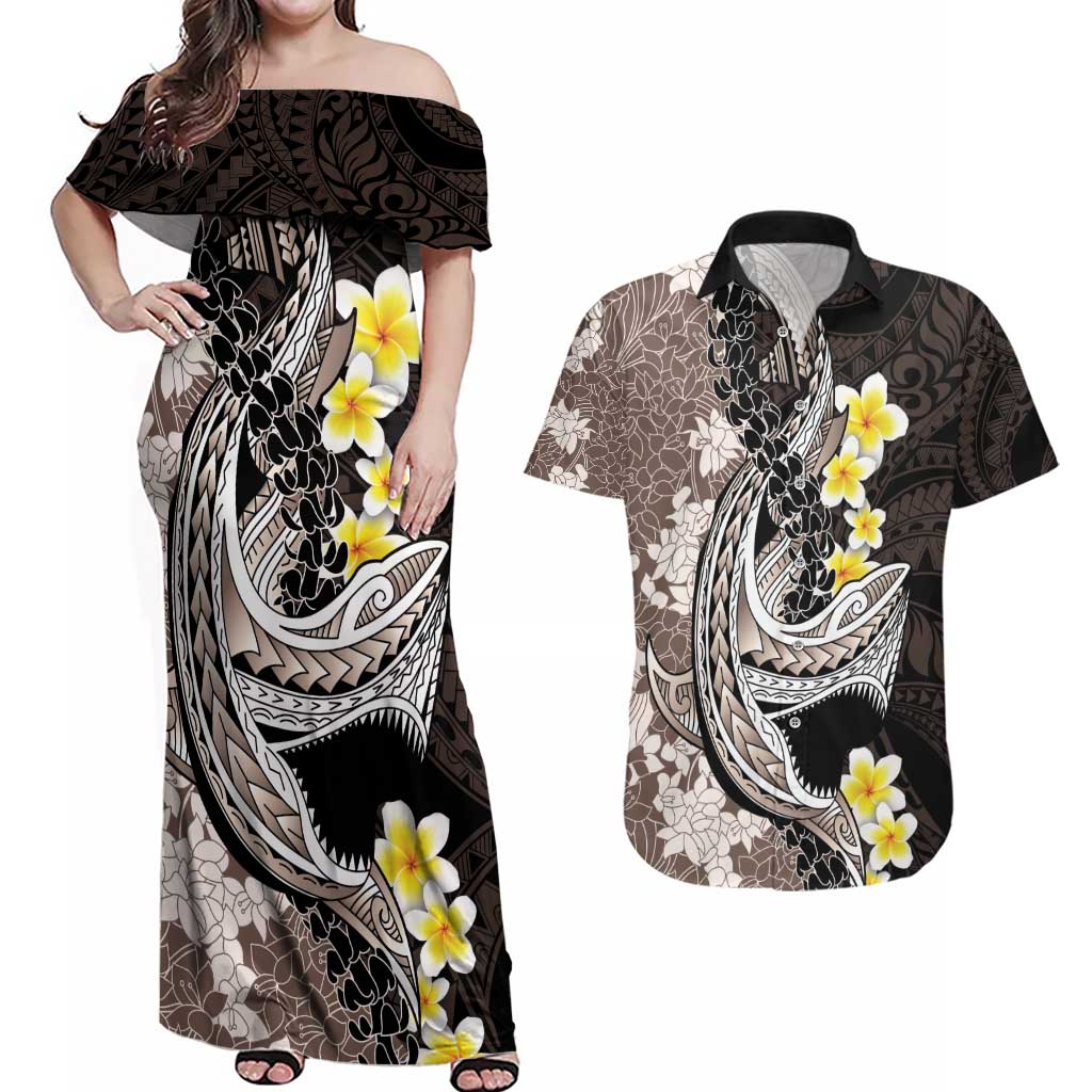 Brown and Black Hawaii Shark Tattoo Couples Matching Off Shoulder Maxi Dress and Hawaiian Shirt Puakenikeni Lei Plumeria Polynesian Pattern - Polynesian Pride