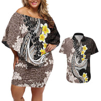 Brown and Black Hawaii Shark Tattoo Couples Matching Off Shoulder Short Dress and Hawaiian Shirt Puakenikeni Lei Plumeria Polynesian Pattern - Polynesian Pride