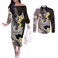 Brown and Black Hawaii Shark Tattoo Couples Matching Off The Shoulder Long Sleeve Dress and Long Sleeve Button Shirt Puakenikeni Lei Plumeria Polynesian Pattern - Polynesian Pride