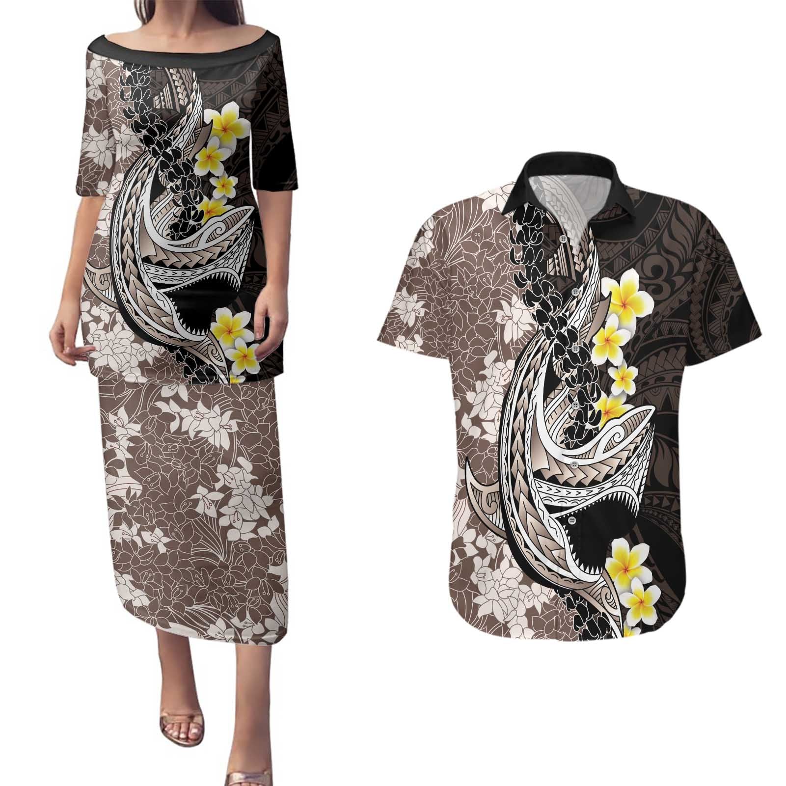 Brown and Black Hawaii Shark Tattoo Couples Matching Puletasi and Hawaiian Shirt Puakenikeni Lei Plumeria Polynesian Pattern - Polynesian Pride
