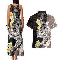 Brown and Black Hawaii Shark Tattoo Couples Matching Tank Maxi Dress and Hawaiian Shirt Puakenikeni Lei Plumeria Polynesian Pattern - Polynesian Pride