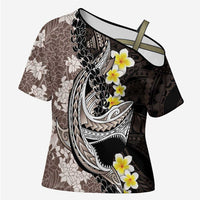 Brown and Black Hawaii Shark Tattoo Cross Shoulder Shirt Puakenikeni Lei Plumeria Polynesian Pattern - Polynesian Pride