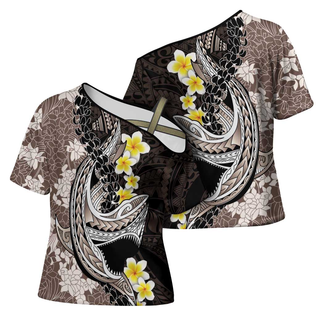 Brown and Black Hawaii Shark Tattoo Cross Shoulder Shirt Puakenikeni Lei Plumeria Polynesian Pattern - Polynesian Pride