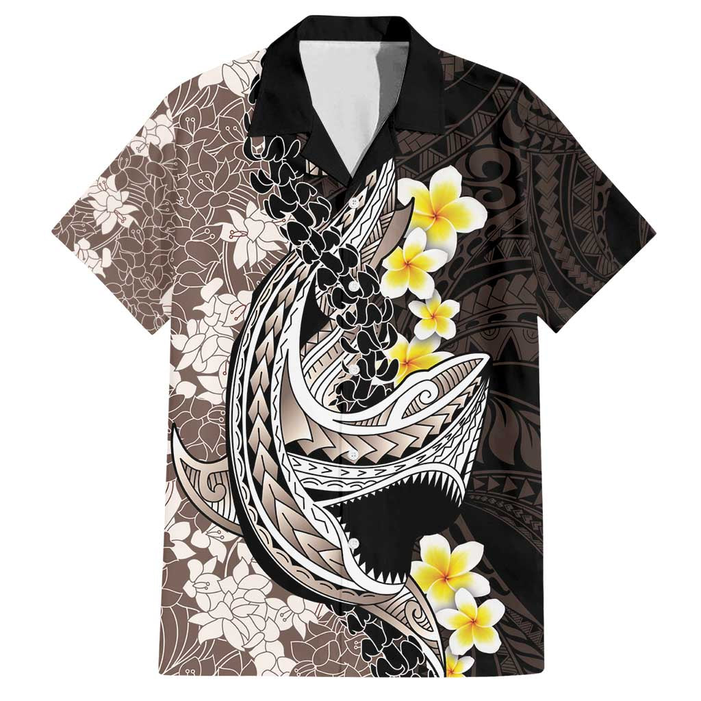 Brown and Black Hawaii Shark Tattoo Family Matching Long Sleeve Bodycon Dress and Hawaiian Shirt Puakenikeni Lei Plumeria Polynesian Pattern - Polynesian Pride