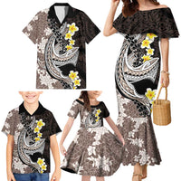 Brown and Black Hawaii Shark Tattoo Family Matching Mermaid Dress and Hawaiian Shirt Puakenikeni Lei Plumeria Polynesian Pattern - Polynesian Pride