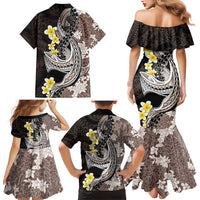Brown and Black Hawaii Shark Tattoo Family Matching Mermaid Dress and Hawaiian Shirt Puakenikeni Lei Plumeria Polynesian Pattern - Polynesian Pride