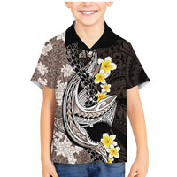 Brown and Black Hawaii Shark Tattoo Family Matching Mermaid Dress and Hawaiian Shirt Puakenikeni Lei Plumeria Polynesian Pattern - Polynesian Pride