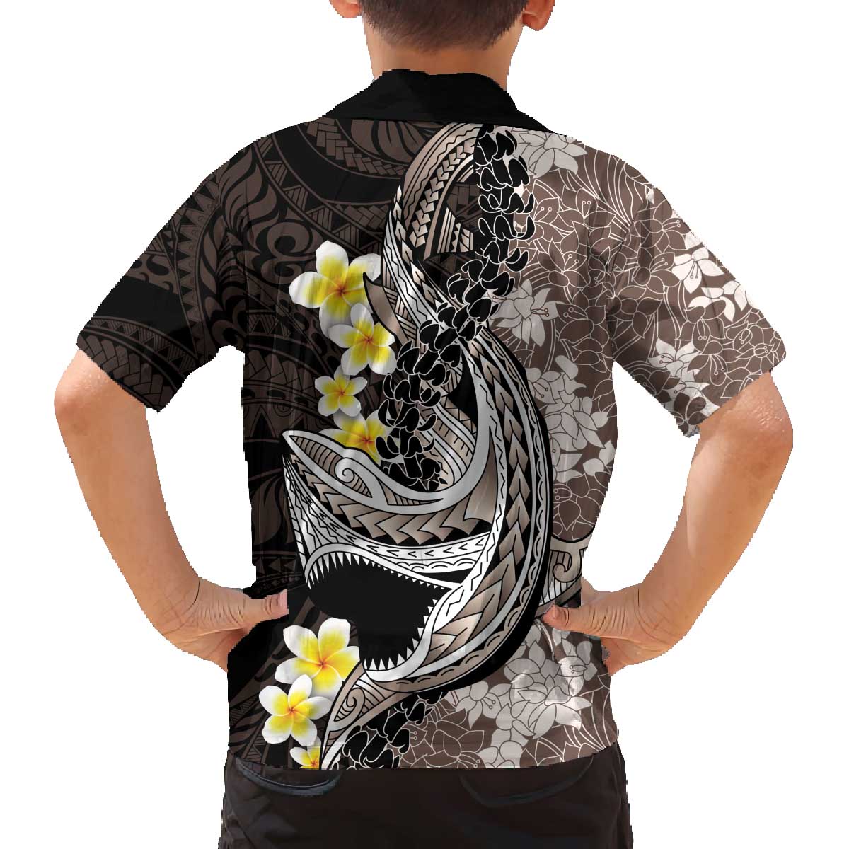 Brown and Black Hawaii Shark Tattoo Family Matching Off The Shoulder Long Sleeve Dress and Hawaiian Shirt Puakenikeni Lei Plumeria Polynesian Pattern - Polynesian Pride