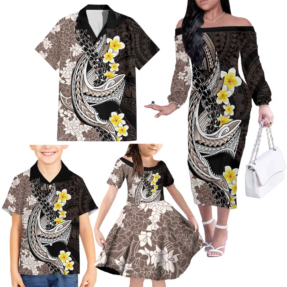 Brown and Black Hawaii Shark Tattoo Family Matching Off The Shoulder Long Sleeve Dress and Hawaiian Shirt Puakenikeni Lei Plumeria Polynesian Pattern - Polynesian Pride