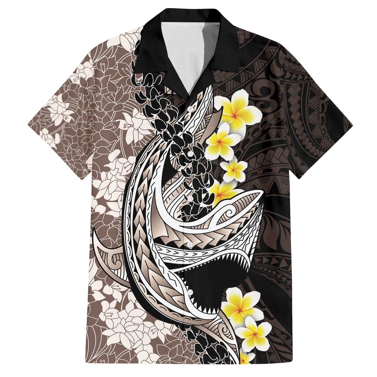 Brown and Black Hawaii Shark Tattoo Family Matching Off The Shoulder Long Sleeve Dress and Hawaiian Shirt Puakenikeni Lei Plumeria Polynesian Pattern - Polynesian Pride