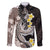 Brown and Black Hawaii Shark Tattoo Family Matching Off The Shoulder Long Sleeve Dress and Hawaiian Shirt Puakenikeni Lei Plumeria Polynesian Pattern - Polynesian Pride