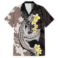 Brown and Black Hawaii Shark Tattoo Family Matching Puletasi and Hawaiian Shirt Puakenikeni Lei Plumeria Polynesian Pattern - Polynesian Pride