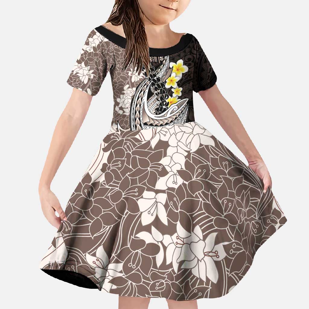Brown and Black Hawaii Shark Tattoo Family Matching Short Sleeve Bodycon Dress and Hawaiian Shirt Puakenikeni Lei Plumeria Polynesian Pattern - Polynesian Pride