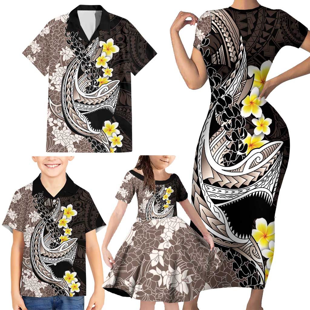 Brown and Black Hawaii Shark Tattoo Family Matching Short Sleeve Bodycon Dress and Hawaiian Shirt Puakenikeni Lei Plumeria Polynesian Pattern - Polynesian Pride