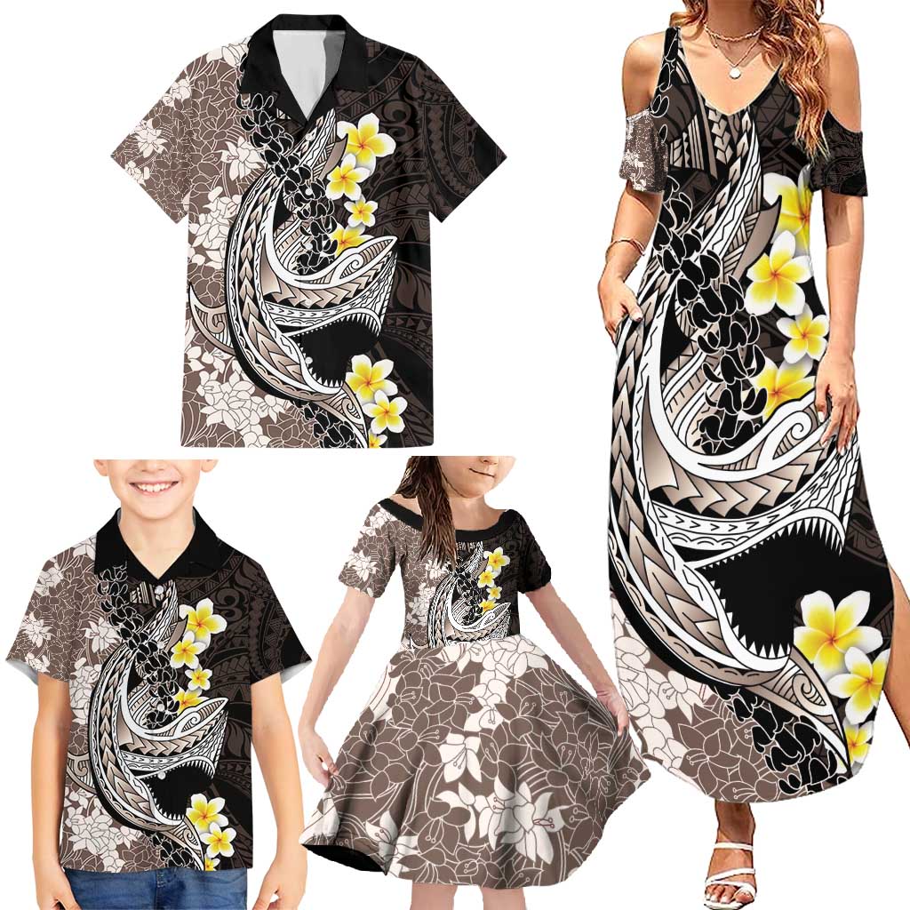 Brown and Black Hawaii Shark Tattoo Family Matching Summer Maxi Dress and Hawaiian Shirt Puakenikeni Lei Plumeria Polynesian Pattern - Polynesian Pride