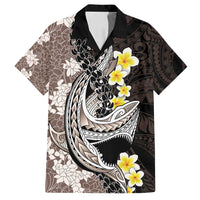 Brown and Black Hawaii Shark Tattoo Family Matching Summer Maxi Dress and Hawaiian Shirt Puakenikeni Lei Plumeria Polynesian Pattern - Polynesian Pride
