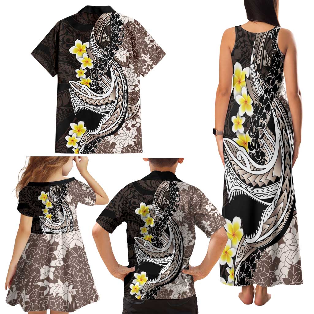 Brown and Black Hawaii Shark Tattoo Family Matching Tank Maxi Dress and Hawaiian Shirt Puakenikeni Lei Plumeria Polynesian Pattern - Polynesian Pride
