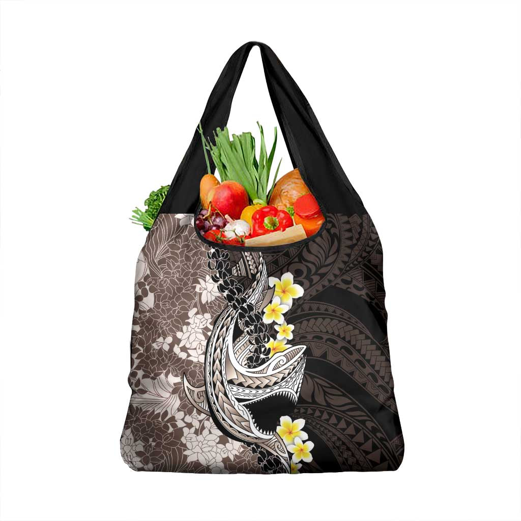 Brown and Black Hawaii Shark Tattoo Grocery Bag Puakenikeni Lei Plumeria Polynesian Pattern - Polynesian Pride